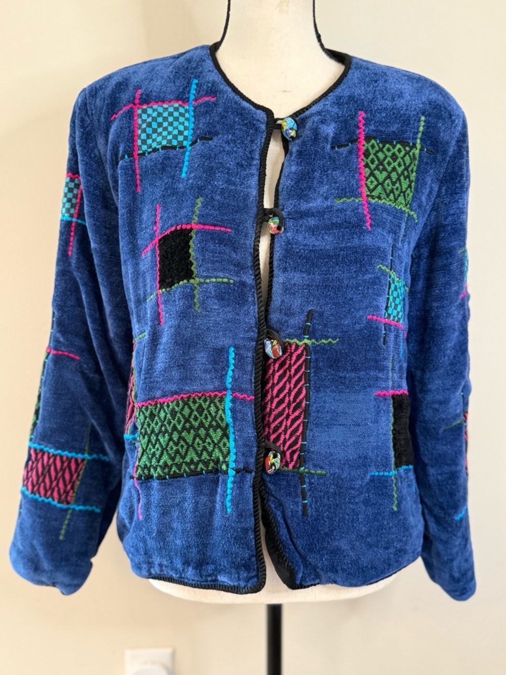 Velour plush patchwork cardigan jacket wearable art SZ LG